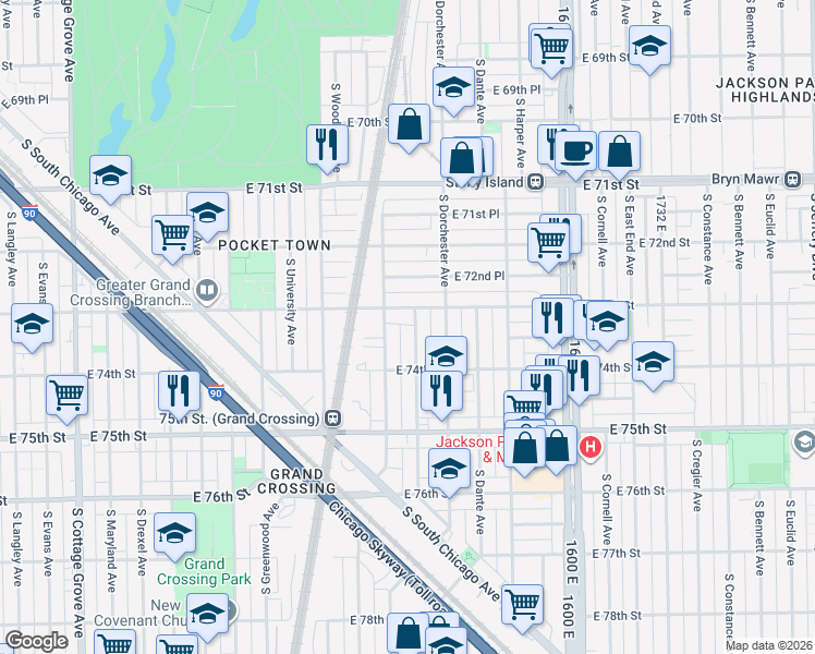 map of restaurants, bars, coffee shops, grocery stores, and more near 7326 South Kenwood Avenue in Chicago