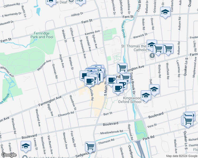 map of restaurants, bars, coffee shops, grocery stores, and more near 982 Farmington Avenue in West Hartford