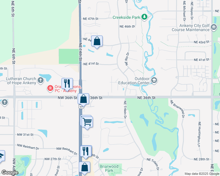 map of restaurants, bars, coffee shops, grocery stores, and more near 350 Northeast 36th Street in Ankeny