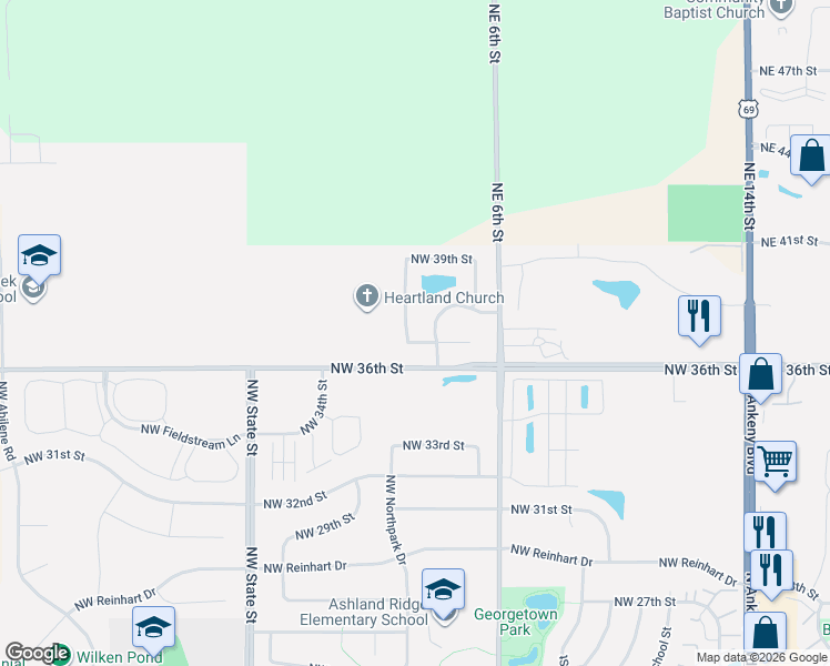 map of restaurants, bars, coffee shops, grocery stores, and more near 1015 Northwest 37th Street in Ankeny