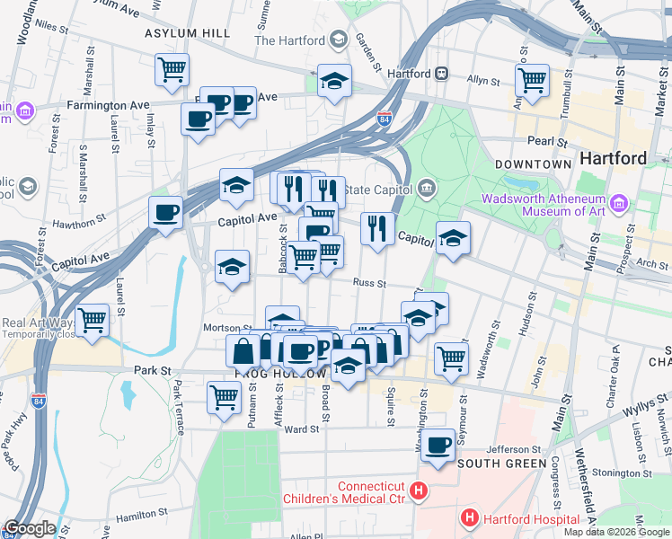 map of restaurants, bars, coffee shops, grocery stores, and more near 593 Broad Street in Hartford