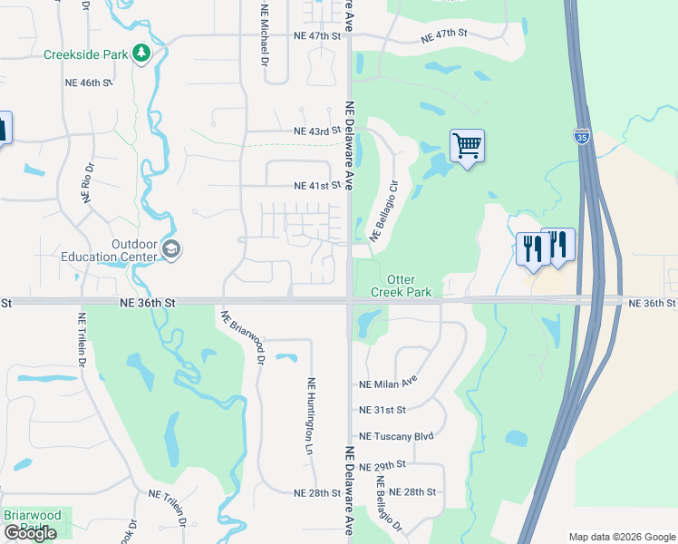 map of restaurants, bars, coffee shops, grocery stores, and more near 3702 Northeast Cottonwood Lane in Ankeny