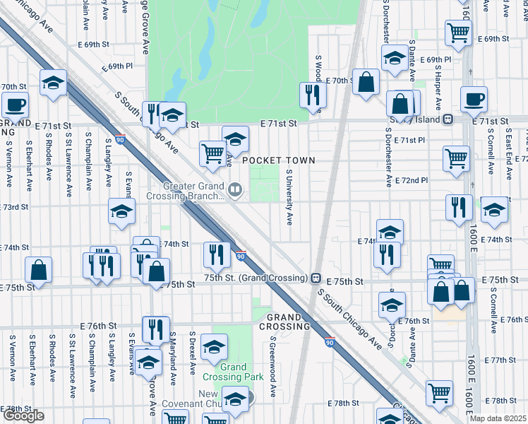 map of restaurants, bars, coffee shops, grocery stores, and more near 7326 South Greenwood Avenue in Chicago