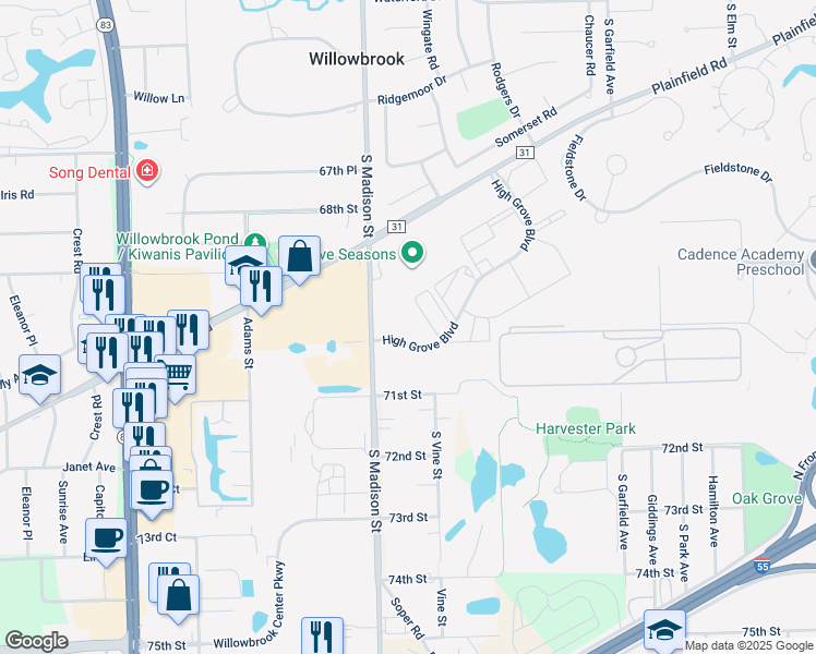 map of restaurants, bars, coffee shops, grocery stores, and more near 7050 High Grove Boulevard in Burr Ridge