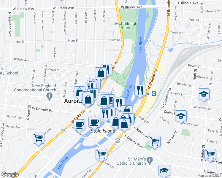 map of restaurants, bars, coffee shops, grocery stores, and more near 302 North River Street in Aurora