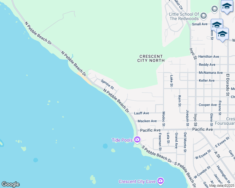 map of restaurants, bars, coffee shops, grocery stores, and more near 464 North Pebble Beach Drive in Crescent City