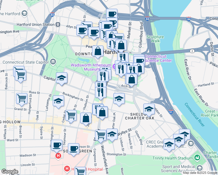 map of restaurants, bars, coffee shops, grocery stores, and more near 500 Main Street in Hartford