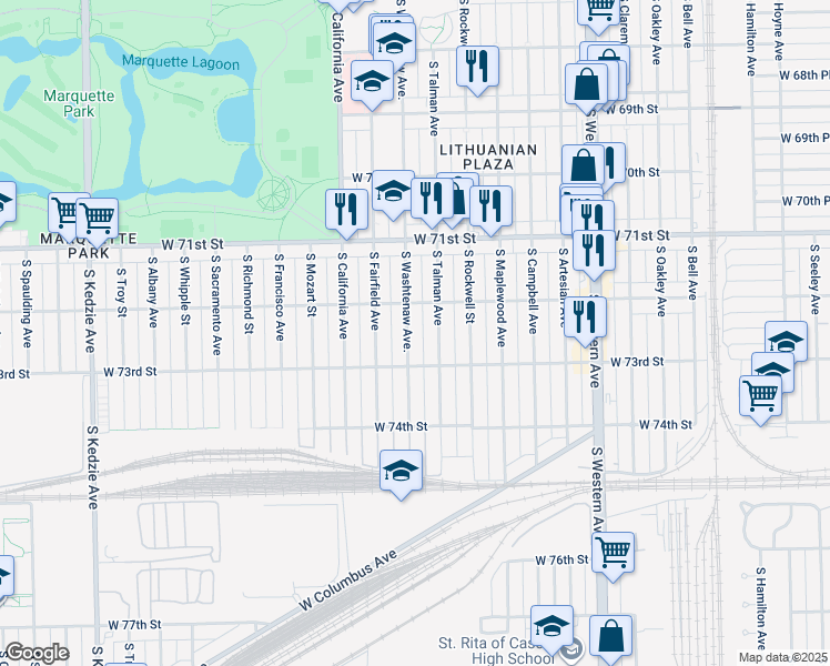 map of restaurants, bars, coffee shops, grocery stores, and more near 7229 South Washtenaw Avenue in Chicago