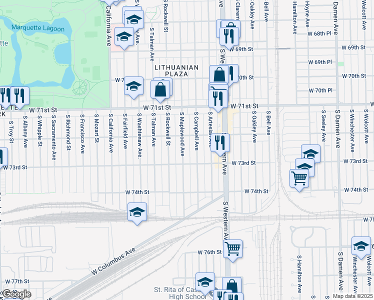 map of restaurants, bars, coffee shops, grocery stores, and more near 7244 South Maplewood Avenue in Chicago
