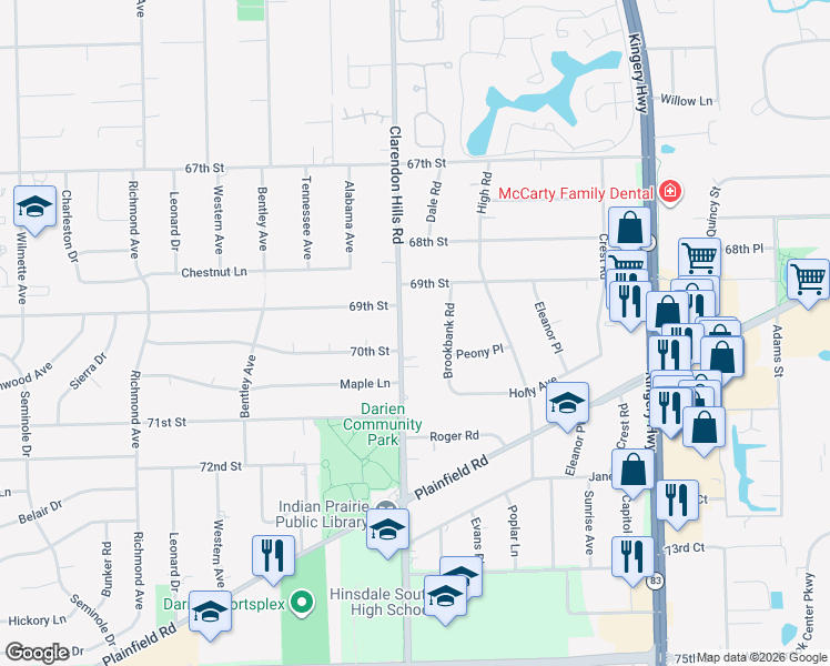 map of restaurants, bars, coffee shops, grocery stores, and more near 6933 Clarendon Hills Road in Darien