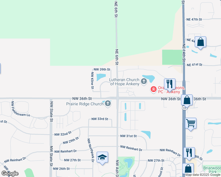 map of restaurants, bars, coffee shops, grocery stores, and more near 807 Northwest 37th Court in Ankeny