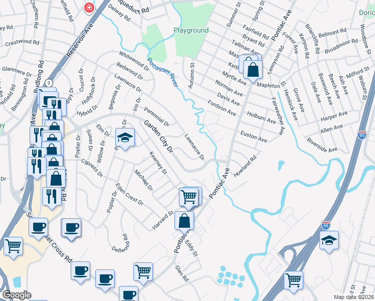 map of restaurants, bars, coffee shops, grocery stores, and more near 31 Althea Drive in Cranston