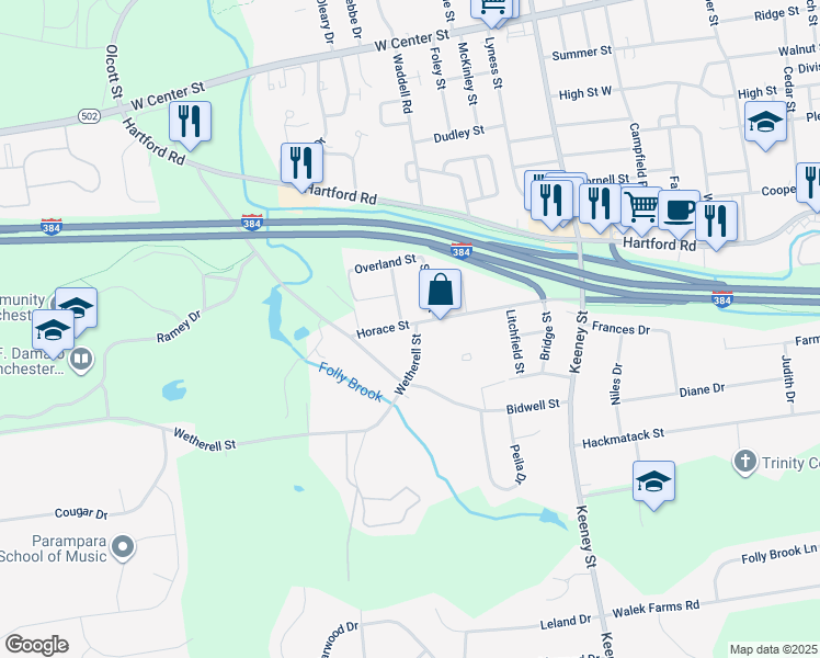 map of restaurants, bars, coffee shops, grocery stores, and more near 36 Horace Street in Manchester