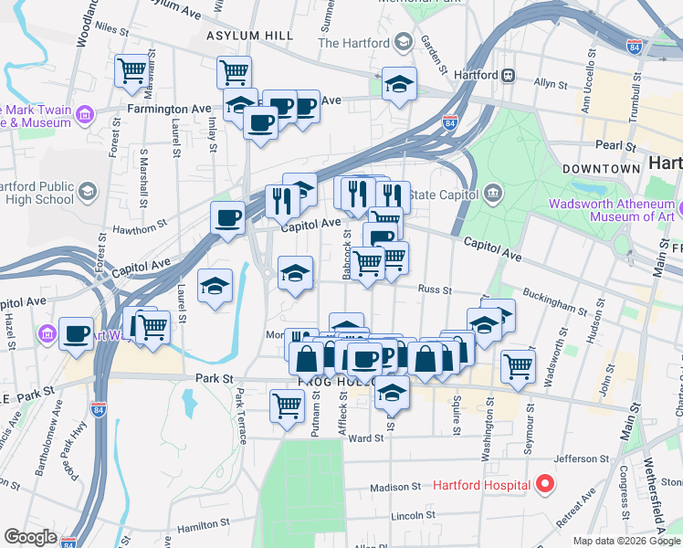 map of restaurants, bars, coffee shops, grocery stores, and more near 191 Russ Street in Hartford