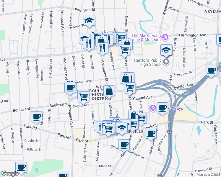 map of restaurants, bars, coffee shops, grocery stores, and more near 890 West Boulevard in Hartford
