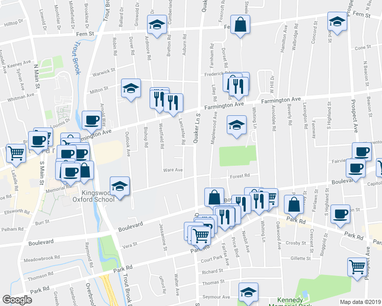 map of restaurants, bars, coffee shops, grocery stores, and more near 92 Quaker Lane South in West Hartford