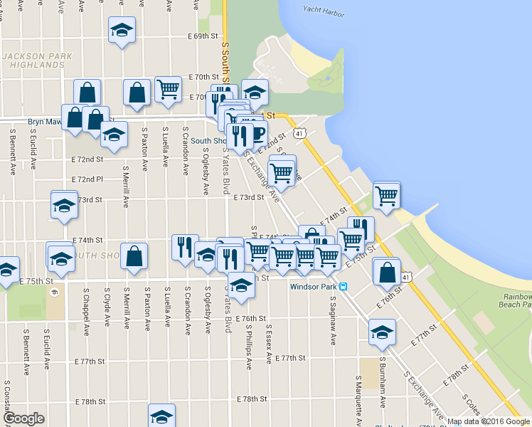 map of restaurants, bars, coffee shops, grocery stores, and more near 7336 South Kingston Avenue in Chicago