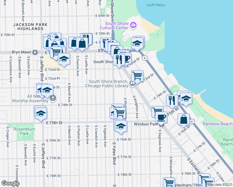 map of restaurants, bars, coffee shops, grocery stores, and more near 7342 South Phillips Avenue in Chicago