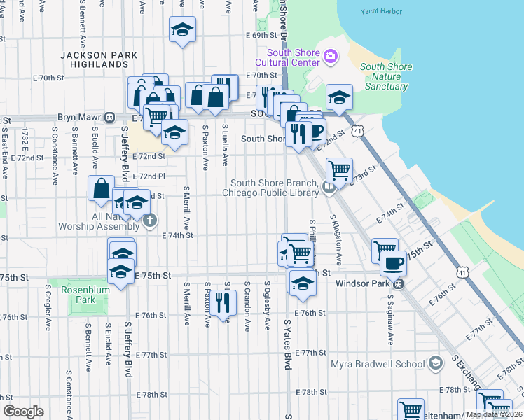 map of restaurants, bars, coffee shops, grocery stores, and more near 7320 South Oglesby Avenue in Chicago