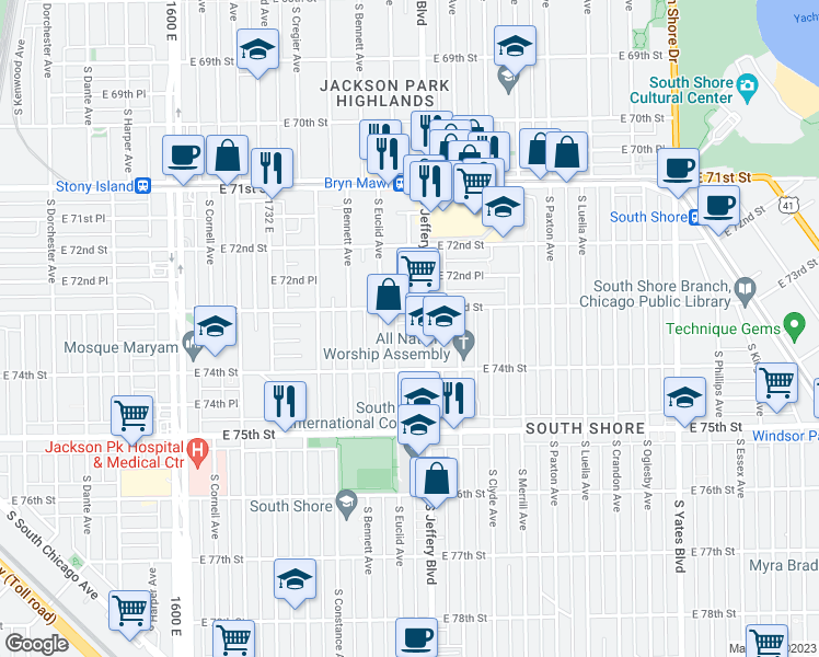 map of restaurants, bars, coffee shops, grocery stores, and more near 7333 South Euclid Avenue in Chicago