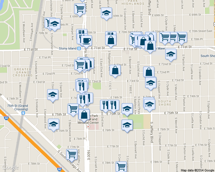map of restaurants, bars, coffee shops, grocery stores, and more near 1739 East 73rd Place in Chicago