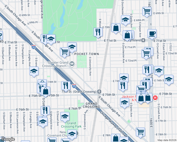 map of restaurants, bars, coffee shops, grocery stores, and more near 7326 South University Avenue in Chicago
