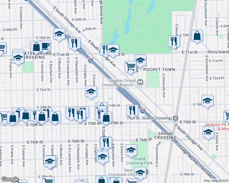 map of restaurants, bars, coffee shops, grocery stores, and more near 7322 South Maryland Avenue in Chicago