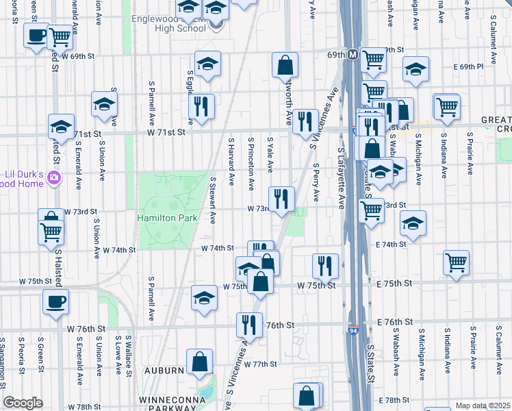 map of restaurants, bars, coffee shops, grocery stores, and more near 7302 South Yale Avenue in Chicago