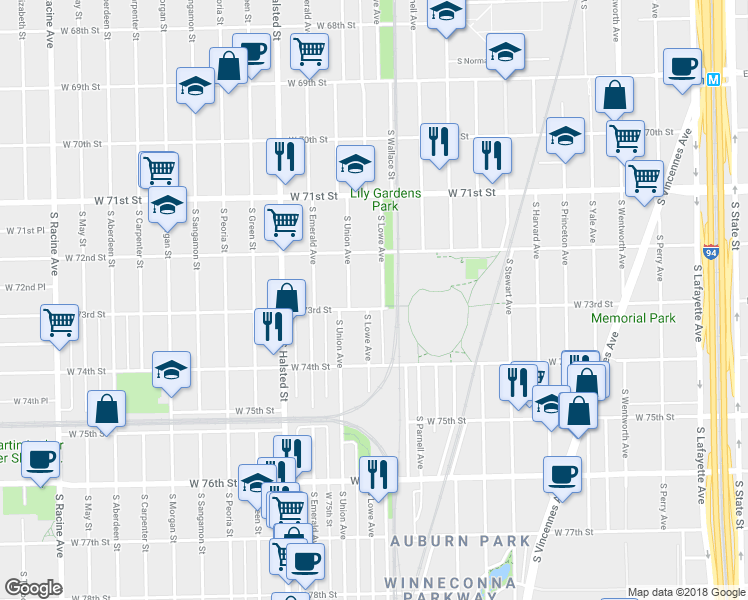 map of restaurants, bars, coffee shops, grocery stores, and more near 7303 South Lowe Avenue in Chicago