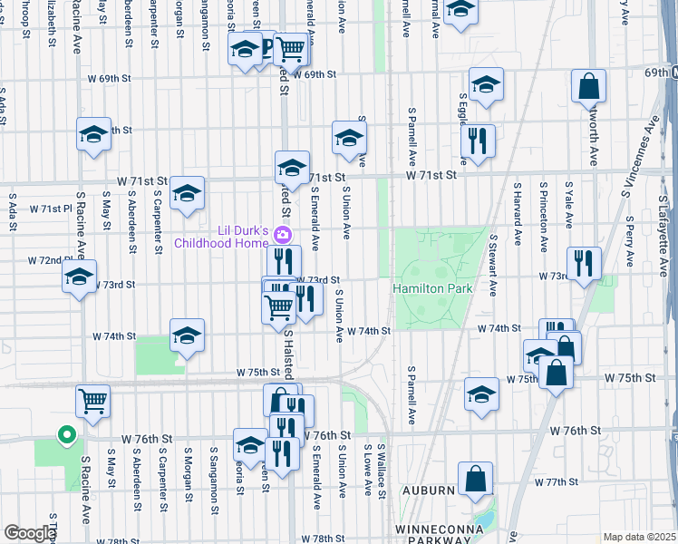 map of restaurants, bars, coffee shops, grocery stores, and more near 7300 South Union Avenue in Chicago