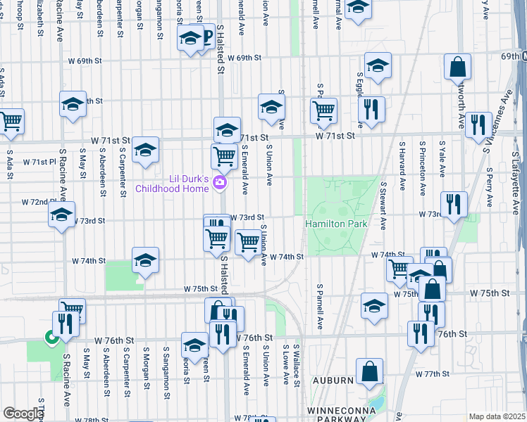 map of restaurants, bars, coffee shops, grocery stores, and more near 7300 South Union Avenue in Chicago