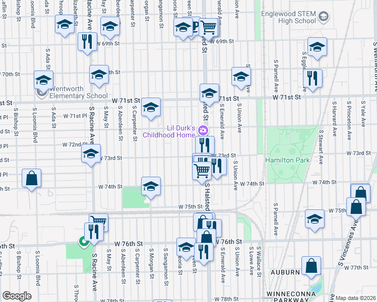 map of restaurants, bars, coffee shops, grocery stores, and more near 7303 South Peoria Street in Chicago
