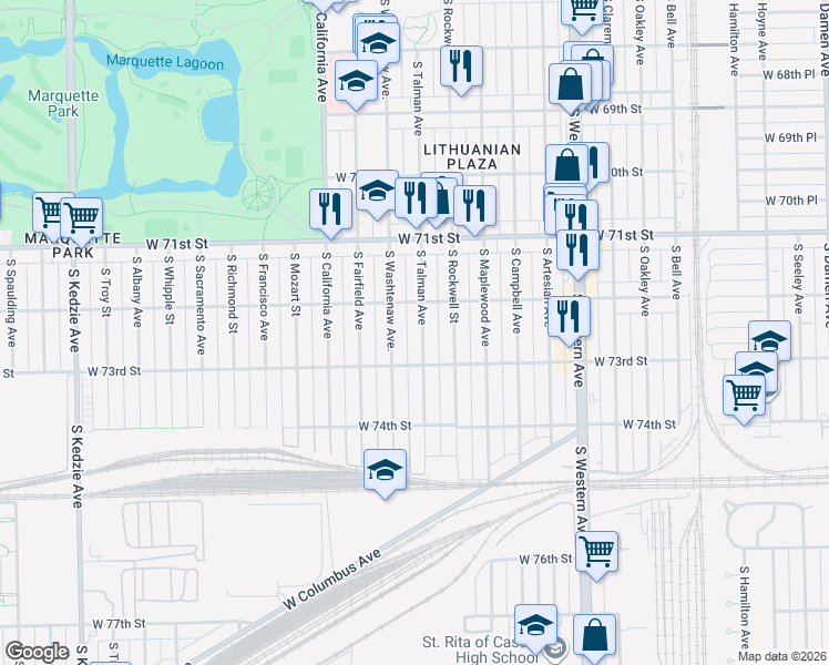 map of restaurants, bars, coffee shops, grocery stores, and more near 7243 South Washtenaw Avenue in Chicago