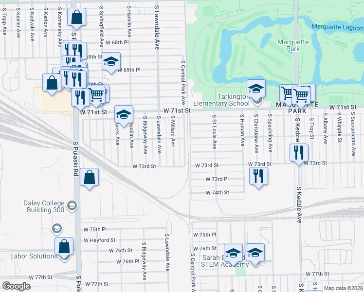 map of restaurants, bars, coffee shops, grocery stores, and more near 7228 South Central Park Avenue in Chicago