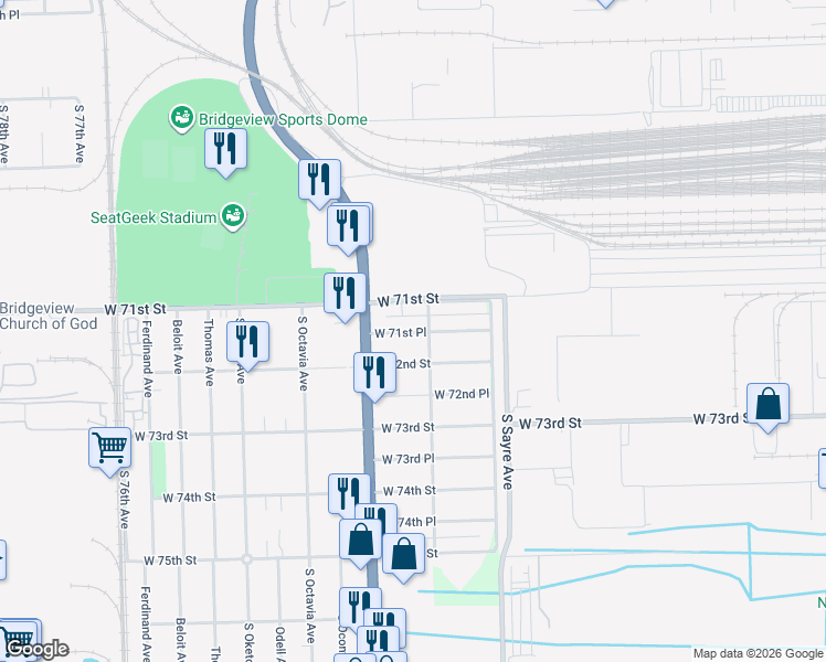 map of restaurants, bars, coffee shops, grocery stores, and more near 7101 West 71st Place in Chicago