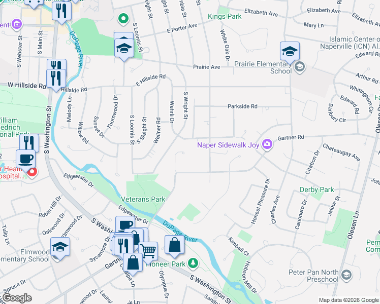map of restaurants, bars, coffee shops, grocery stores, and more near 612 Driftwood Court in Naperville