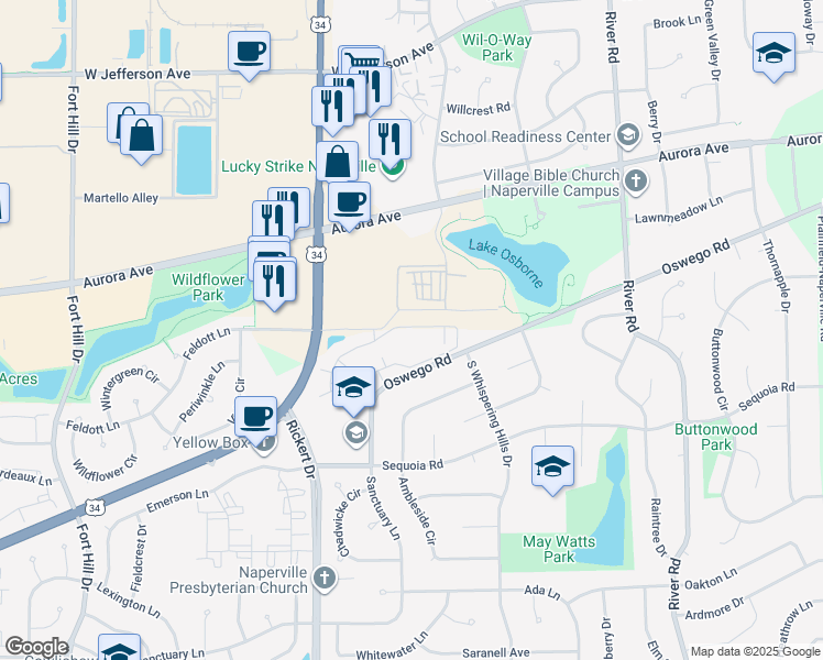 map of restaurants, bars, coffee shops, grocery stores, and more near 1503 Watkins Lane in Naperville