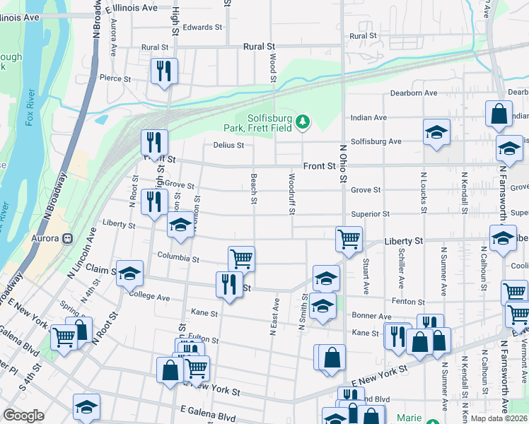 map of restaurants, bars, coffee shops, grocery stores, and more near 813 Superior Street in Aurora