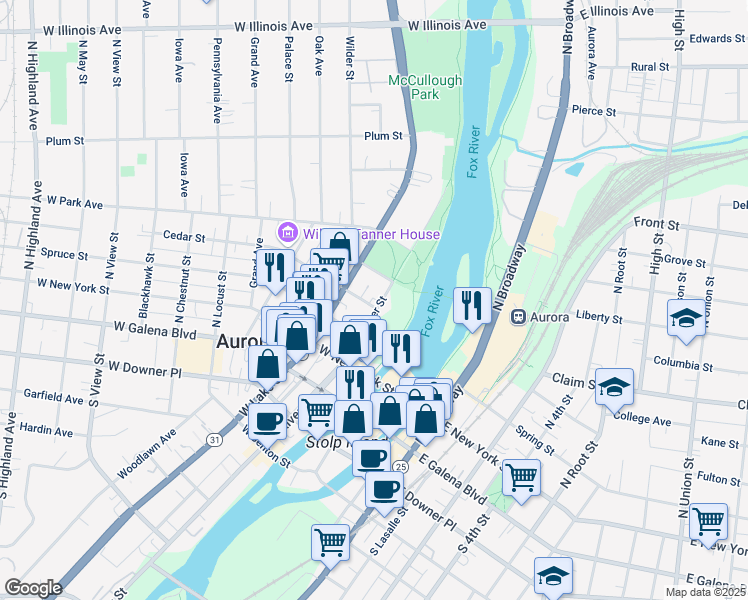 map of restaurants, bars, coffee shops, grocery stores, and more near 302 North River Street in Aurora