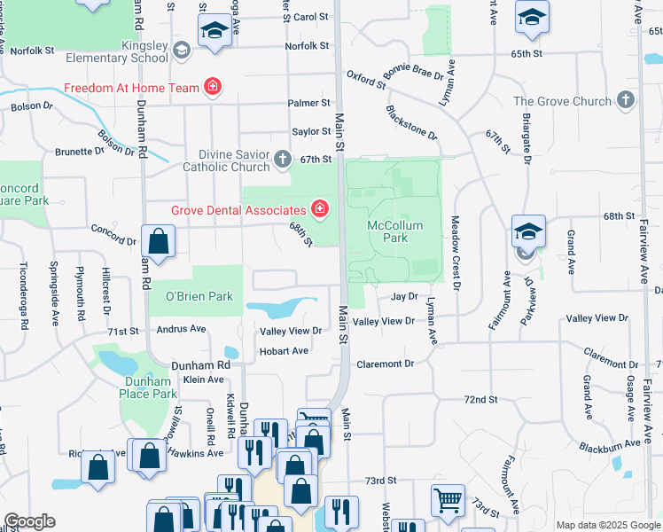 map of restaurants, bars, coffee shops, grocery stores, and more near 1040 Robey Avenue in Downers Grove