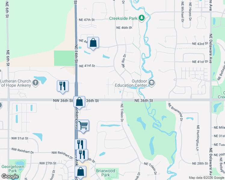 map of restaurants, bars, coffee shops, grocery stores, and more near 350 Northeast 36th Street in Ankeny