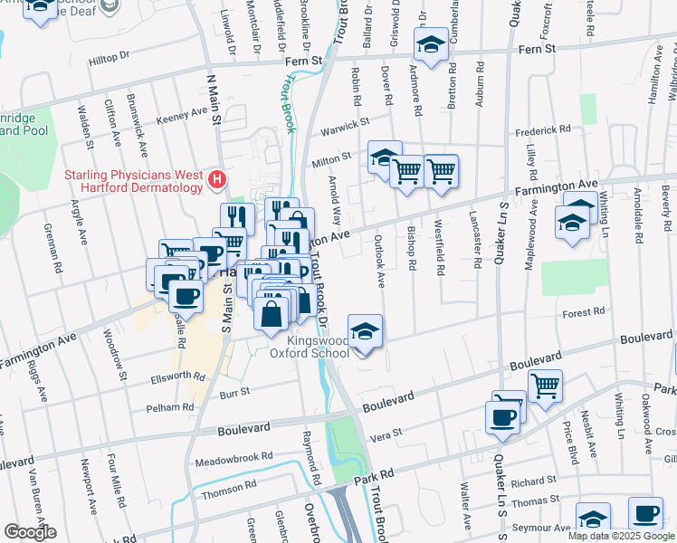 map of restaurants, bars, coffee shops, grocery stores, and more near 914 Trout Brook Drive in West Hartford