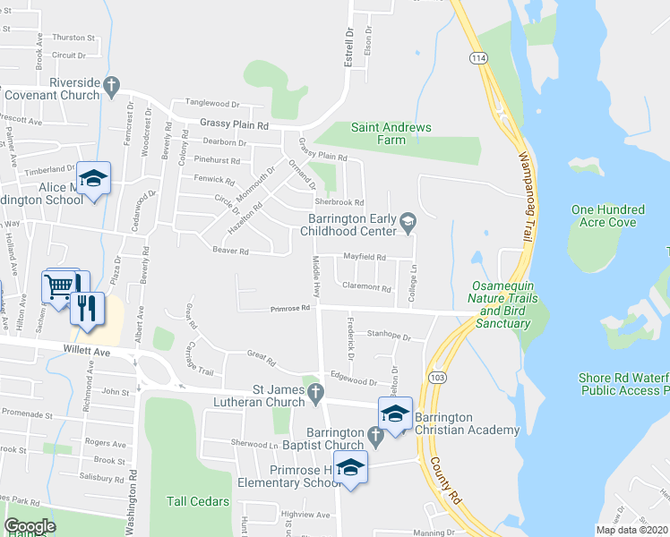 map of restaurants, bars, coffee shops, grocery stores, and more near 4 Clover Lane in Barrington