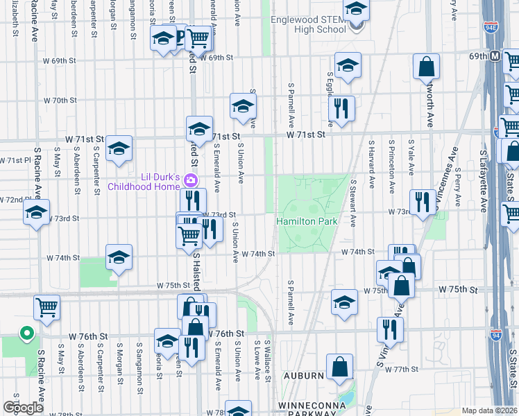 map of restaurants, bars, coffee shops, grocery stores, and more near 7303 South Lowe Avenue in Chicago