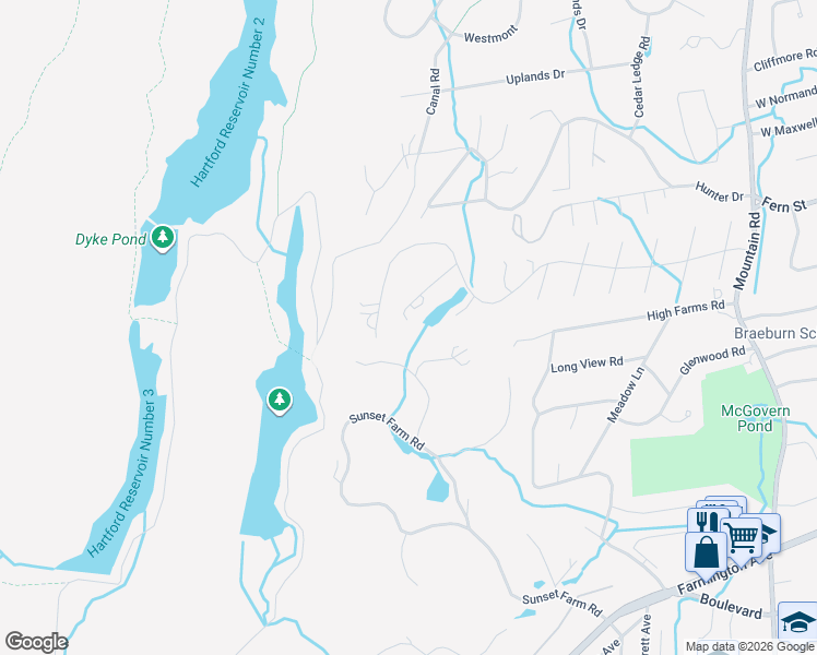 map of restaurants, bars, coffee shops, grocery stores, and more near 20 Greenridge Lane in West Hartford