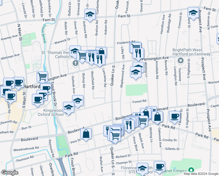 map of restaurants, bars, coffee shops, grocery stores, and more near 77 Quaker Lane South in West Hartford