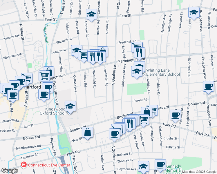 map of restaurants, bars, coffee shops, grocery stores, and more near 85 Lancaster Road in West Hartford