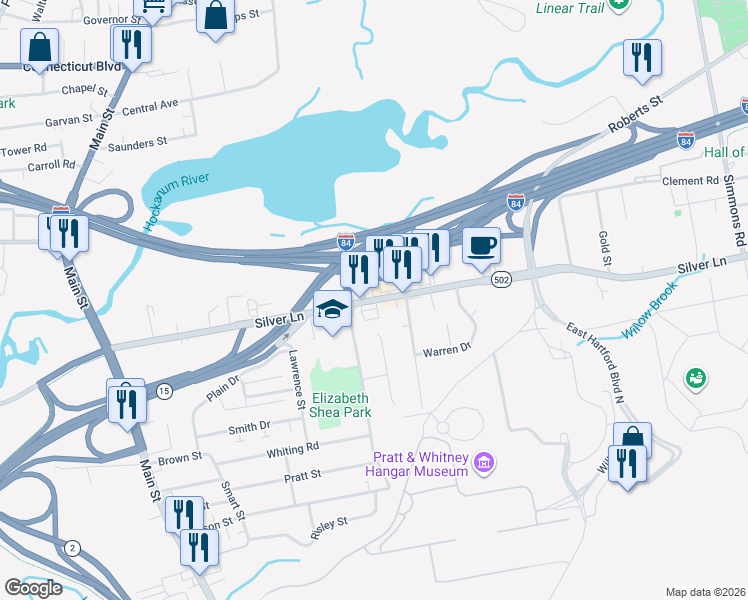 map of restaurants, bars, coffee shops, grocery stores, and more near 258 Silver Lane in East Hartford