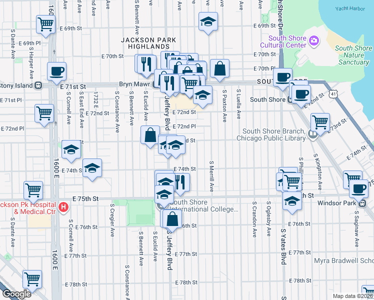 map of restaurants, bars, coffee shops, grocery stores, and more near 7317 South Chappel Avenue in Chicago