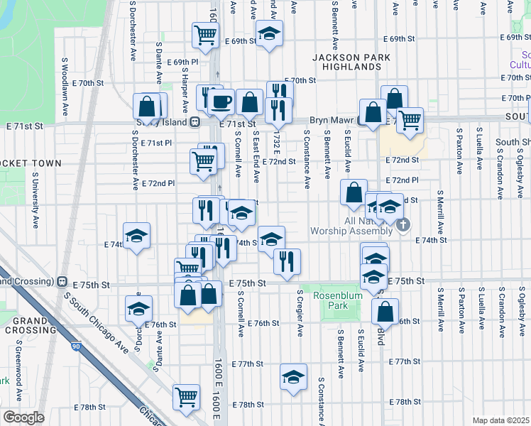 map of restaurants, bars, coffee shops, grocery stores, and more near 7331 South East End Avenue in Chicago